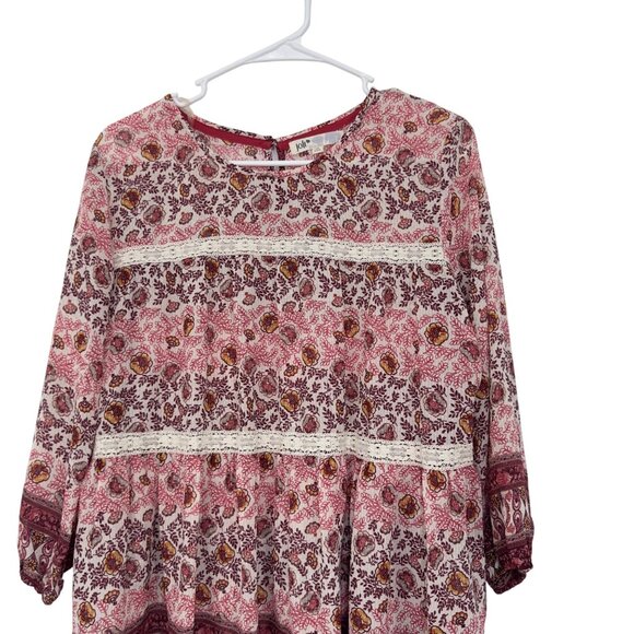 Jolt  Pink&Burgundy Bohemian Floral Long Sleeve Top Blouse SZ M Tiered Design - Picture 2 of 9